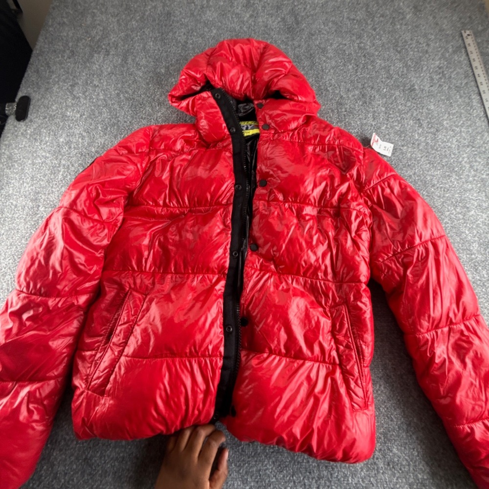 Superdry Mountain Edition Padded Puffer Jacket Red Shiny Hooded Small 0559